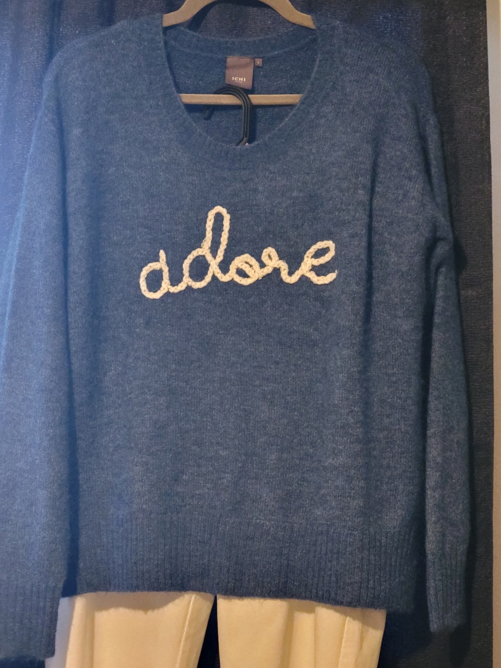 ICHI Alpaca Adore Script Blue Women's Sweater Sz L